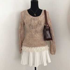 Cream and brown knitted sweater with lace details